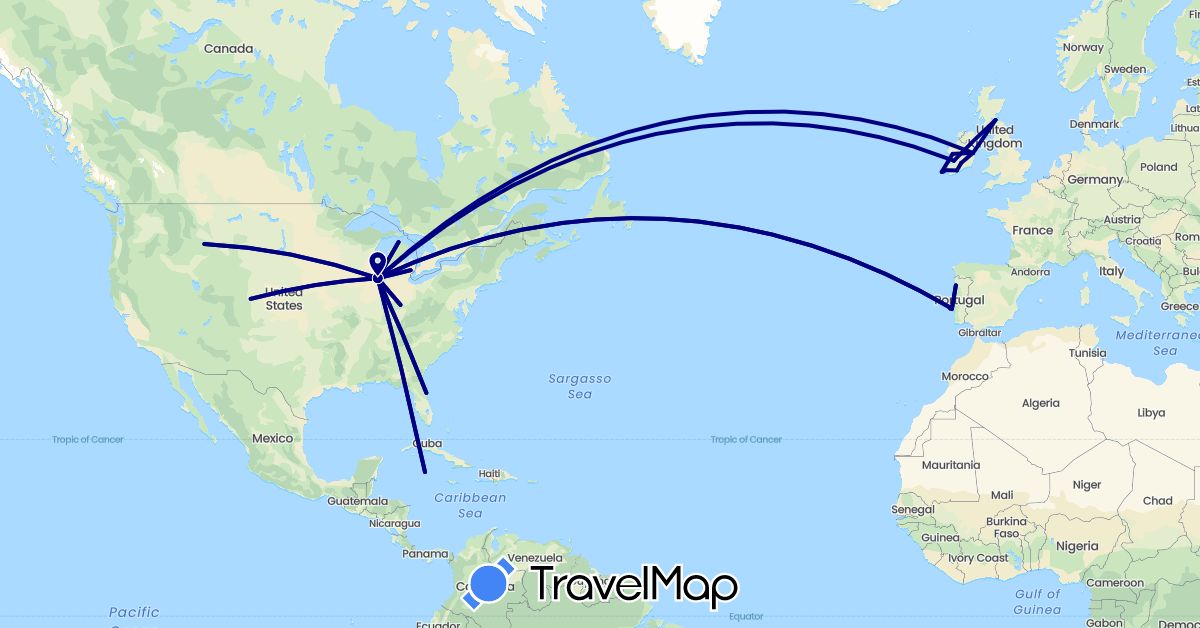 TravelMap itinerary: driving in United Kingdom, Ireland, Cayman Islands, Portugal, United States (Europe, North America)